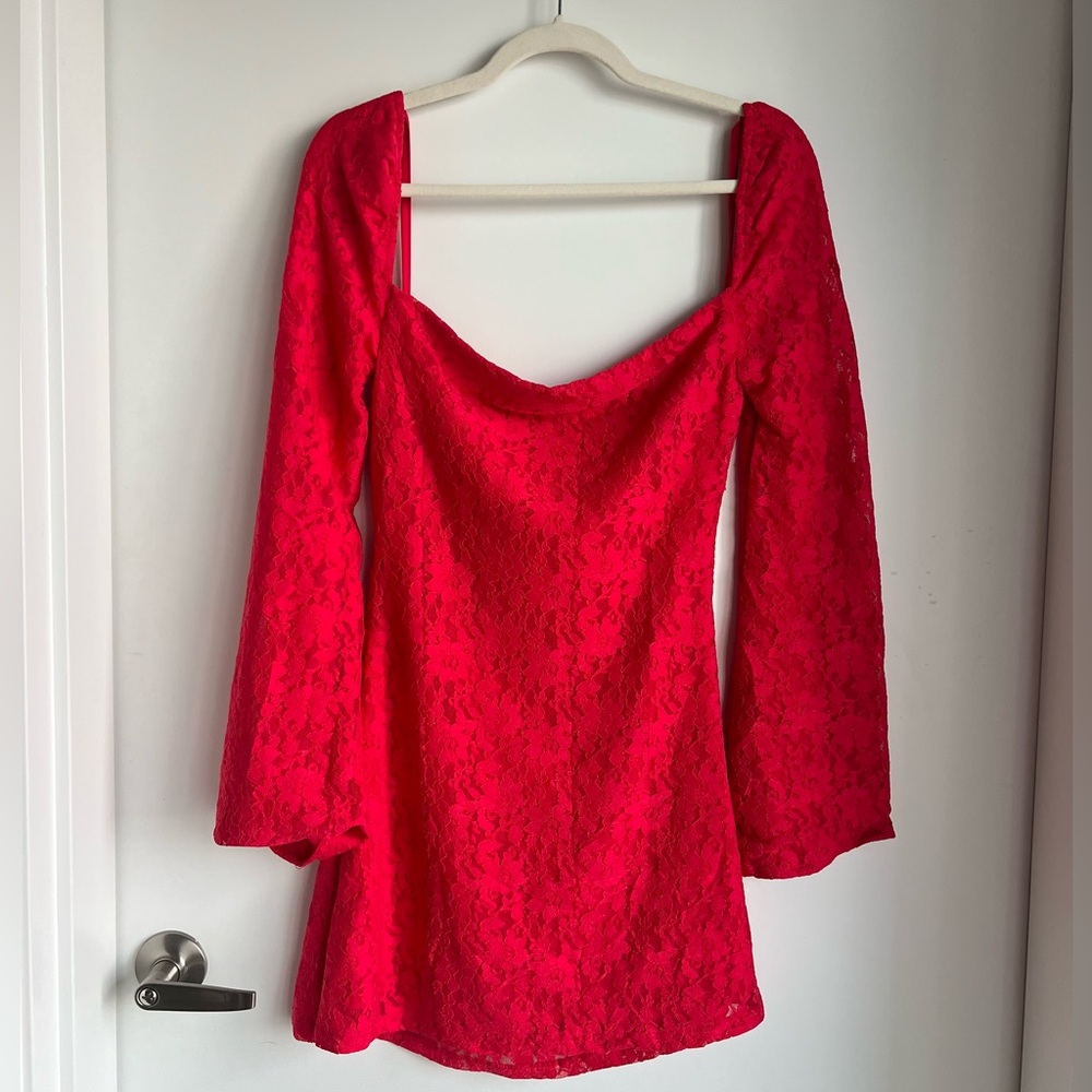 Beginning Boutique Red Lace Long-Sleeve Mini Dress